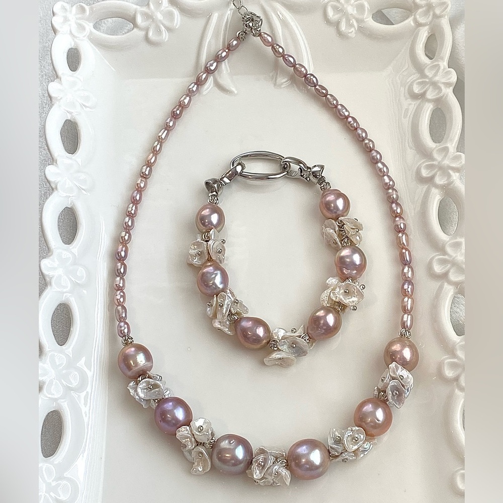 S26-Handmade Pink Edison Pearl And Petal Pearl Necklace And Bracelet Set